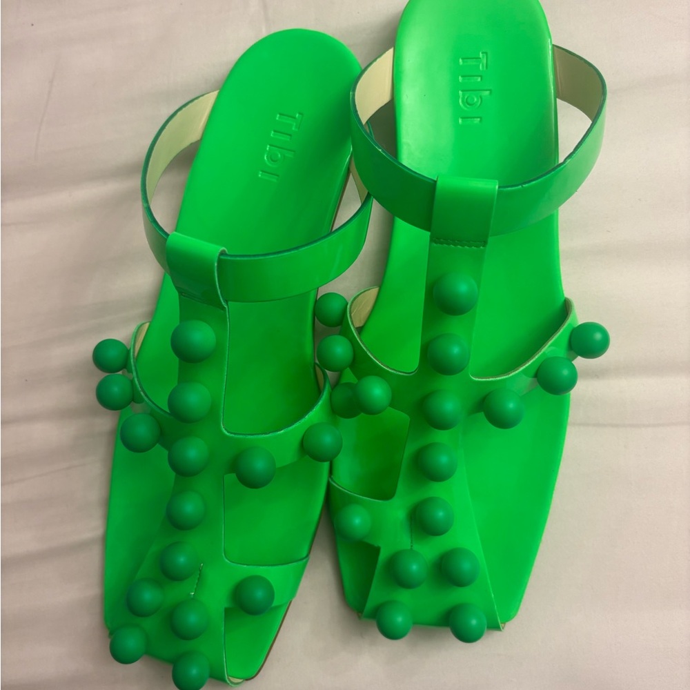 Tibi Neon Green Bead-Embellished Leather Slide Sandals